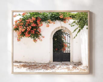 Greece Photography - Travel Wall Art Orange Trumpet Vine Archway Doorway Print Architecture Art