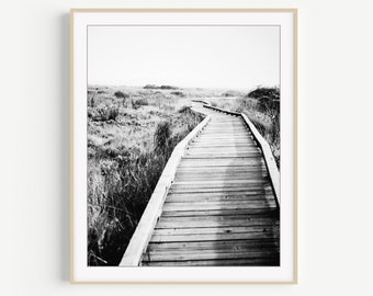 Black and White Photography Wooden Boardwalk Print, Contemporary Landscape, Black and White Decor, Office Wall Art, Gray Wall Art