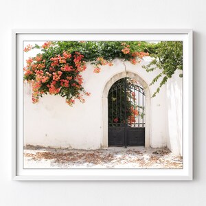 Greece Photography - Orange Trumpet Vine Flowers, Archway, Architecture, Ironwork Gate, Greece Wall Art, 8x10 11x14 Print