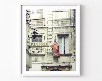 France Travel Print, Music Wall Art, Burnt Orange Gray, Mary Statue, Neutral Decor, Travel, Music Studio Art, Musician Gift