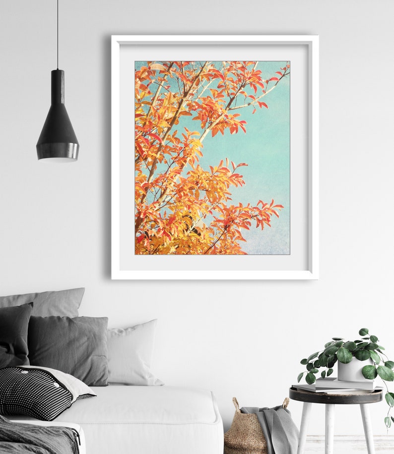 Orange Autumn Leaves Print Botanical Photography Print, Orange Teal Leaves Retro Style Nature Wall Art 8x10 11x14 Print image 4