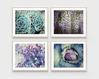 Nature Photography Purple Aqua Gallery Wall, Botanical Wall Art, Set of 4 Prints, Floral Wall Art, Gift for Her, Lilac Wisteria Succulent