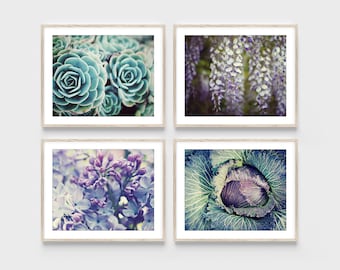Botanical Art Prints - Purple Aqua Mint, Nature Photography Set of Four Prints, Floral Lilac Wisteria Sedum 5x7 8x10 11x14 Prints - Save 35%