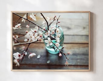 Plum Blossoms Still Life Print - Flower Photography, Rustic Farmhouse Decor, Vintage Blue Jar, Barn Wood, Pink Flowers 8x10 16x20 Print