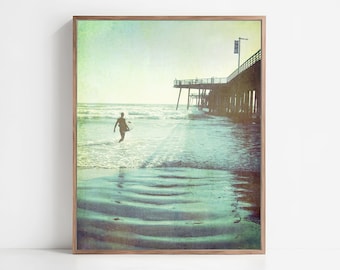 Surfer Photograph - Pismo Beach Print, Coastal Wall Art, Ocean Photography, California Beach Pier, Retro Vintage Style Beach Decor