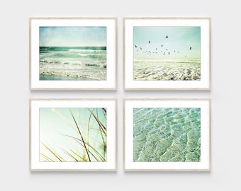 Aqua Beach Photography, Set of Four Prints, Ocean Waves Sunlight, 8x10 11x14, Coastal Gallery Wall Art