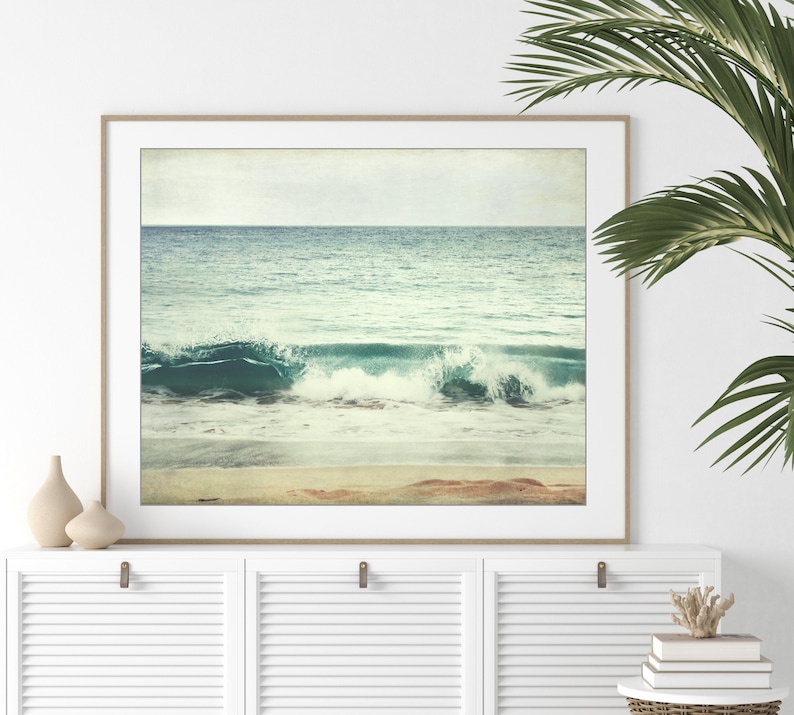 Ocean Wave Print Maui Beach Photography Coastal Wall Art Beach Decor Seascape Print Teal Blue Beige 8x10 16x20 Ocean Photography image 1