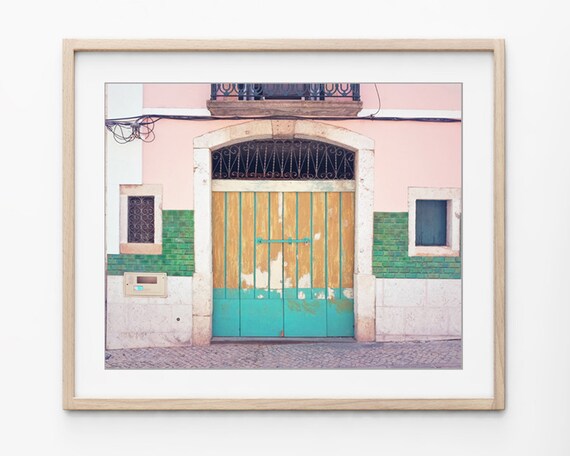 Lisbon Door Print Pastel Pink Green Wall Art Wooden Door Travel Photography Print Colorful Architecture Wall Art Lisbon Door Three
