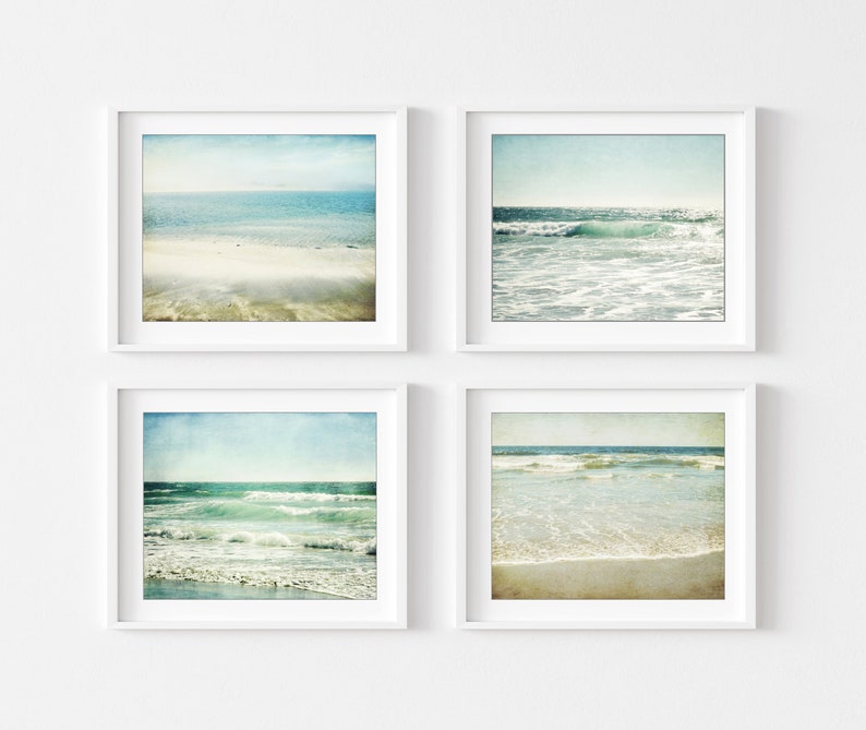 OCEAN Photography Set of 4 Prints, Pale Aqua Beige, Beach Photography Prints, Bathroom Wall Art, 8x10 11x14 Prints, Gallery Wall Beach Decor image 1