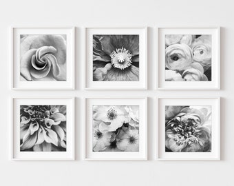 Black and White Floral Wall Art - Set of Six Prints, Flower Photography Set,  Botanical Gallery Wall, Bedroom Decor, Flowers Prints