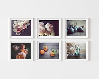 Kitchen Wall Art Fruit and Flowers Food Photography Prints Set of 6 Prints,  Rustic Farmhouse Dining Room Decor, 5x7 8x10, Culinary Art