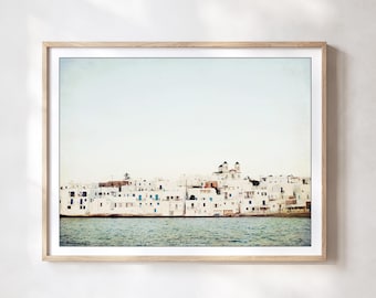 Greece Print, Travel Art, Architecture Print, White Blue Wall Art, Minimalist Photography, Ocean, Europe Town, Living Room Wall Art