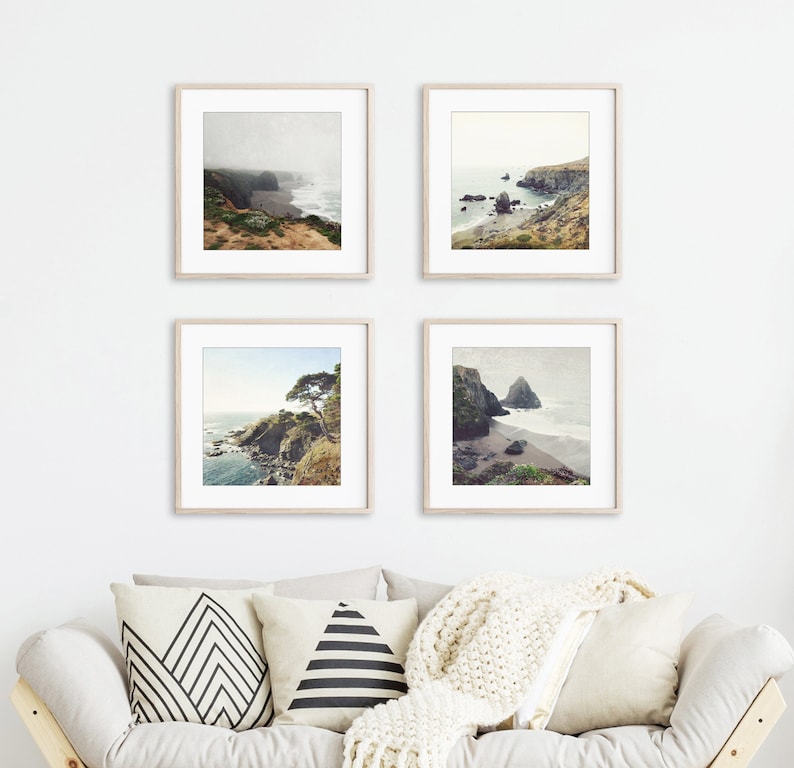 Estampados costeros rústicos, fotografía oceánica, conjunto de paredes de galería, California, paisajes marinos, conjunto de impresión cuadrada 5x5 8x8 decoración neutral de sala de estar imagen 1