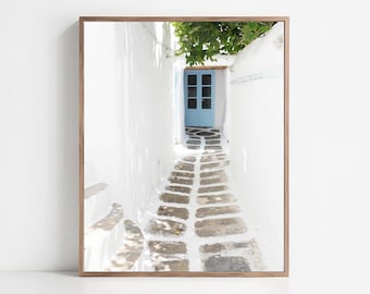 Greece Photography - Aqua Blue Door Print, Cobblestone Street Europe Alleyway Quaint Doorway Print Greece Wall Art