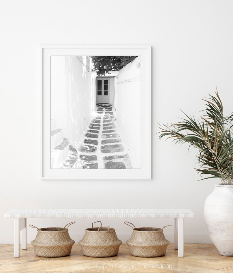 Greece Photograph, Black and White Travel Photography Print, Cobblestone, Architecture, Greece Door Print image 2