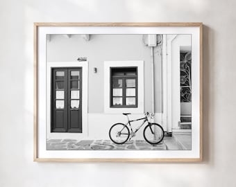 Bicycle Art, Black and White Photography, Greece Travel Print, Windows Europe Architecture Art 8x10 16x20 Print