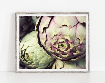 Artichoke Print, Rustic Kitchen Wall Art, Food Photography, Green Purple, Artichoke Wall Art, Dining Room Decor, 5x7 8x10, Vegetable Print