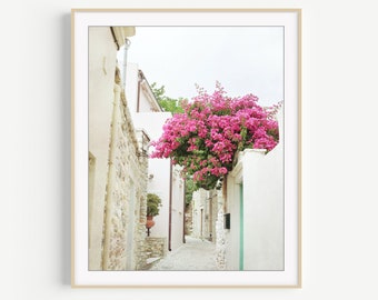 Greece Photography - Bougainvillea Flowers, Architecture, Europe Street, Travel Photography, 8x10 16x20, Greece Wall Art