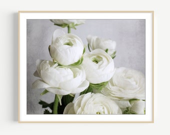 Flower Photography - Botanical Art Print, White Ranunculus Flowers, Floral Wall Art, Bedroom Decor 8x10 16x20 Print