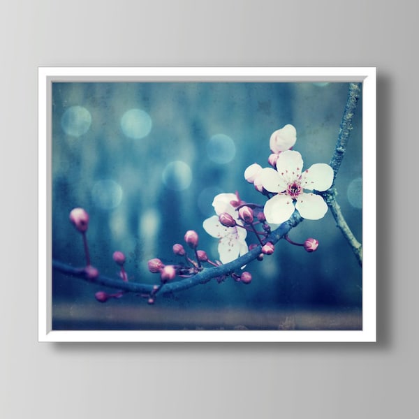 Botanical Photography Print - Plum Blossoms, Flower Photography, Pink Blue Wall Art, Floral Wall Art, Indigo Blue Art