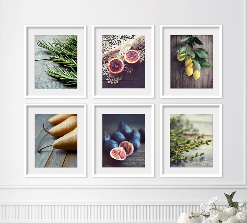 Food Photography Print Set Rustic Kitchen Wall Art, Set of 6 Prints, Still Life Photography, Dining Room Wall Decor, 5x7 8x10 Prints image 1