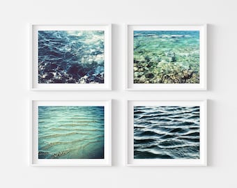 Ocean Photography Prints, Set of 4 Prints, Blue Nautical Wall Art, Aqua Blue Water, Beach Prints, Ocean Gallery Wall Set, Bathroom Art