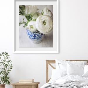 White Ranunculus Flowers, Still Life Botanical Print  Photography Print, White Blue Floral Wall Art Kitchen Wall Art Decor