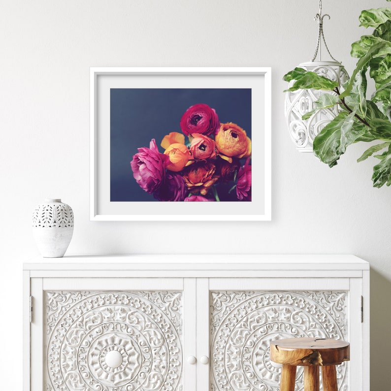 Flower Still Life Photography Dark Floral Wall Art, Pink Orange Gray, Ranunculus Flowers, 8x10 24x36 Print, Romantic Bedroom Wall Art image 3