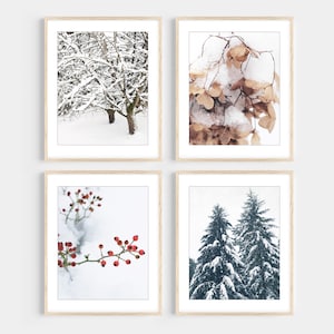 Set of Four Prints - Winter Photography Print Set, Rustic Holiday Wall Art Decor, Snow, Farmhouse, Winter Wall Art Set Nature Photography