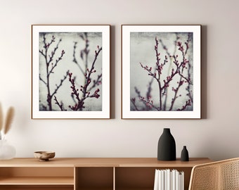 Tree Branch Prints, Rustic Botanical Wall Art for Living Room, Gray Burgundy Art, Set of 2 Prints, 8x10 11x14 16x20, Nature Photography