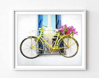 Greece Bicycle Print, Travel Photography, Yellow Blue Wall Art, Guest Room Wall Art Decor, 8x10 16x20 Print