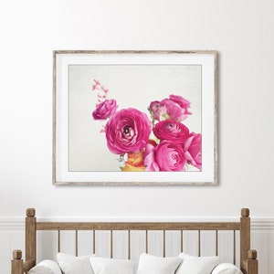 Flower Photography Botanical Wall Art, Flower Still Life Print, Floral Wall Art, Ranunculus Flowers, Bedroom Wall Art, Pink White Print image 3