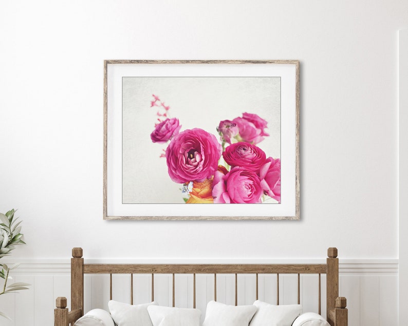 Flower Photography Botanical Wall Art, Flower Still Life Print, Floral Wall Art, Ranunculus Flowers, Bedroom Wall Art, Pink White Print image 3