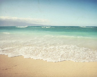 Tropical beach wall art - Hawaii ocean print - pale aqua blue beach art - pastel seashore Maui - living room wall art "By the Sea"