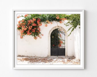 Greece Photography Trumpet Vine Flowers Archway, Architecture, Ironwork Gate, White Orange Green Wall Art 8x10 11x14 Print