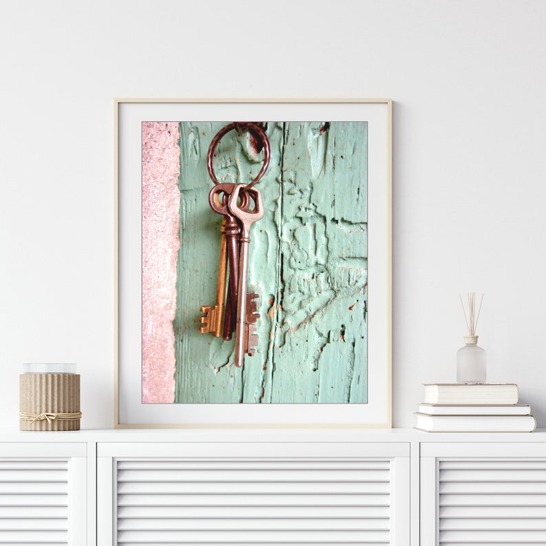 France, Skeleton Keys Print French Country Decor, Pink Mint Wall Art, Entryway Wall Art, Cottage Chic Wall Art, Travel Photography image 1