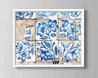 Portuguese Tile Wall Art - Blue White Floral Lisbon Tiles Print, Travel Photography, Azulejos, Portugal Art Print, Kitchen Wall Art