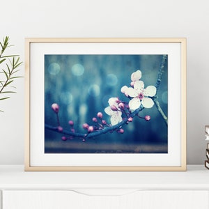 Botanical Photography Plum Blossoms Print, Flower Photography, Pink Blue Wall Art, Floral Wall Art, 8x10 8x8 11x14, Indigo Blue Art image 6