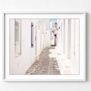 Greece Photograph, Architecture, Cobblestone Street, White Wall Art, Greece Travel Photography Print