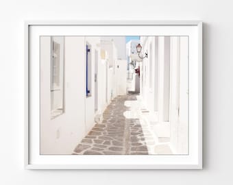 Greece Photography Print - Whitewashed Street, Greece Photo, White Wall Art, Architecture, 8x10 16x20,  Travel Print