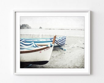 Wooden Fishing Boat Print, Blue White Stripes, Nautical Photography, Wood Boat Photograph, Beach Print Wall Art Beach Decor