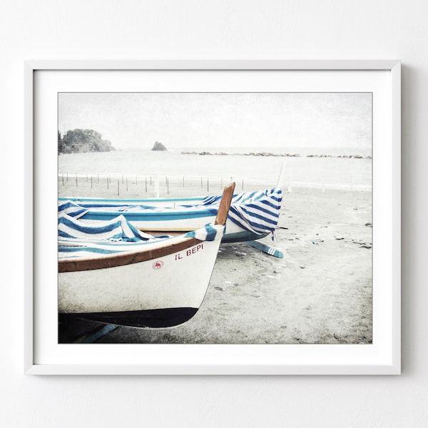 Italy, Wooden Fishing Boat Print, Blue White Stripes, Nautical Photography, Wood Boat Photograph, Beach Print Wall Art Beach Decor
