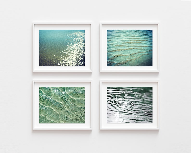 Beach Photography, Teal Turquoise Water, Set of Four Prints, Bathroom Wall Art Decor, Print Set, Water Ripples, 5x7 8x10, Ocean Prints image 1