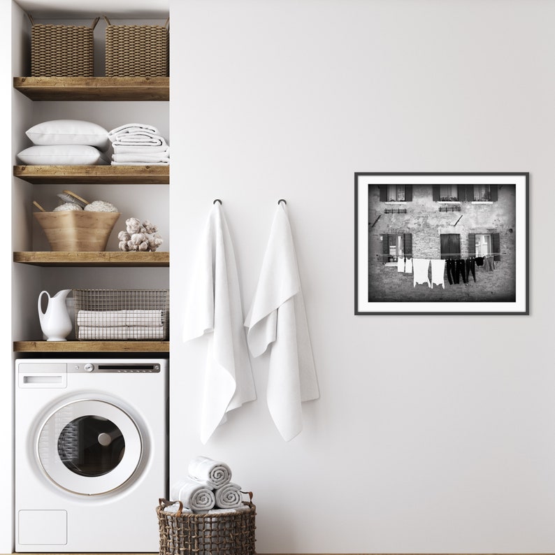 Laundry Room Wall Art, Venice Italy Print, Black and White Travel Photography, Laundry Clothes Line, White Laundry Print image 3