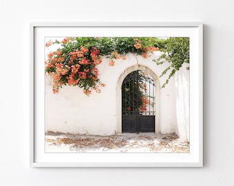 Greece Photograph, Orange Trumpet Vine Flowers, Archway, Architecture, Ironwork Gate, Greece Wall Art, 8x10 11x14 Print