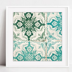 May include: A framed print of four green and white patterned tiles with intricate floral designs. The tiles are arranged in a square pattern.
