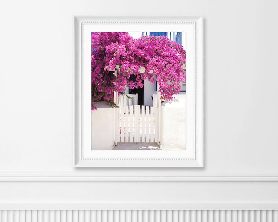 Items similar to Greece Travel Photograph, Pink Flower Wall Art, White ...