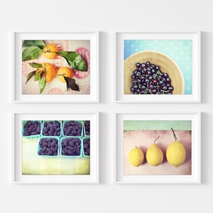 Food Photography, Set of Four Prints, Colorful Kitchen Wall Art, Fruit Still Life Prints, Mid Century, Dining Room Art, 5x7 8x10 Prints image 1