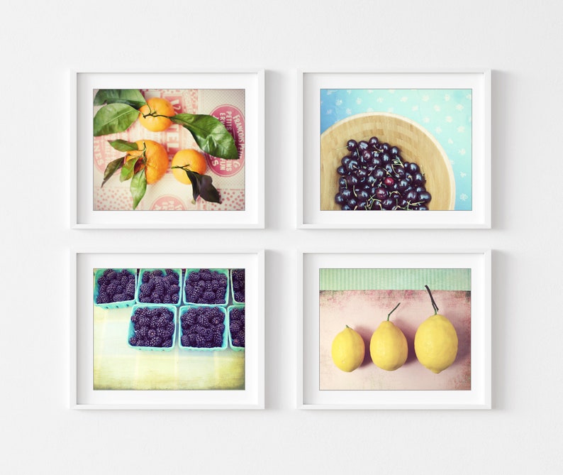 Food Photography, Set of Four Prints, Colorful Kitchen Wall Art, Fruit Still Life Prints, Mid Century, Dining Room Art, 5x7 8x10 Prints image 1
