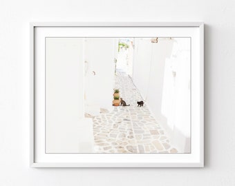 Greece Cat Photograph - Minimal Wall Art, Two Cats, Architecture, Greece Print, 8x10 11x14 Print, White Wall Decor, Cat Wall Art Print